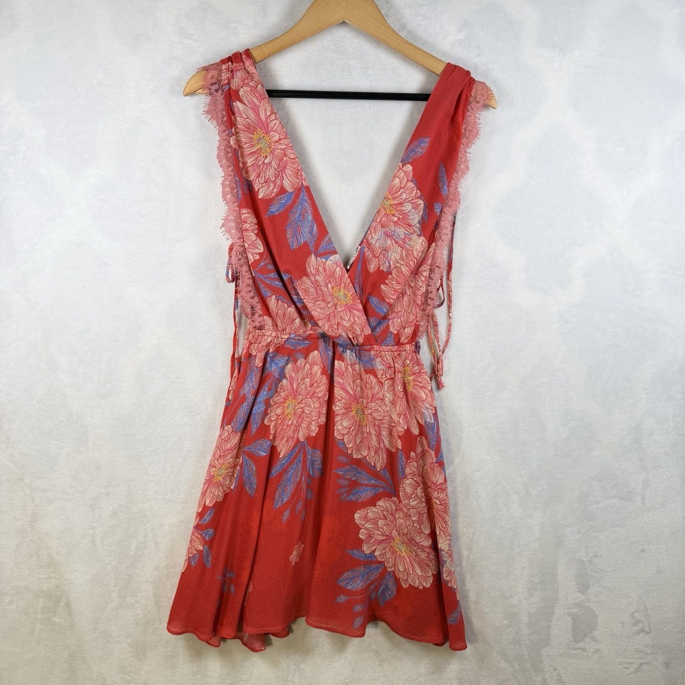 Free Poeple Women's Red Floral Marine Dress Lace Trim Tie Size XS